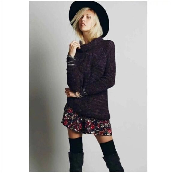 Free People Dylan Tweed Pullover in Charcoal Combo Turtleneck Sweater size XS - Picture 2 of 12